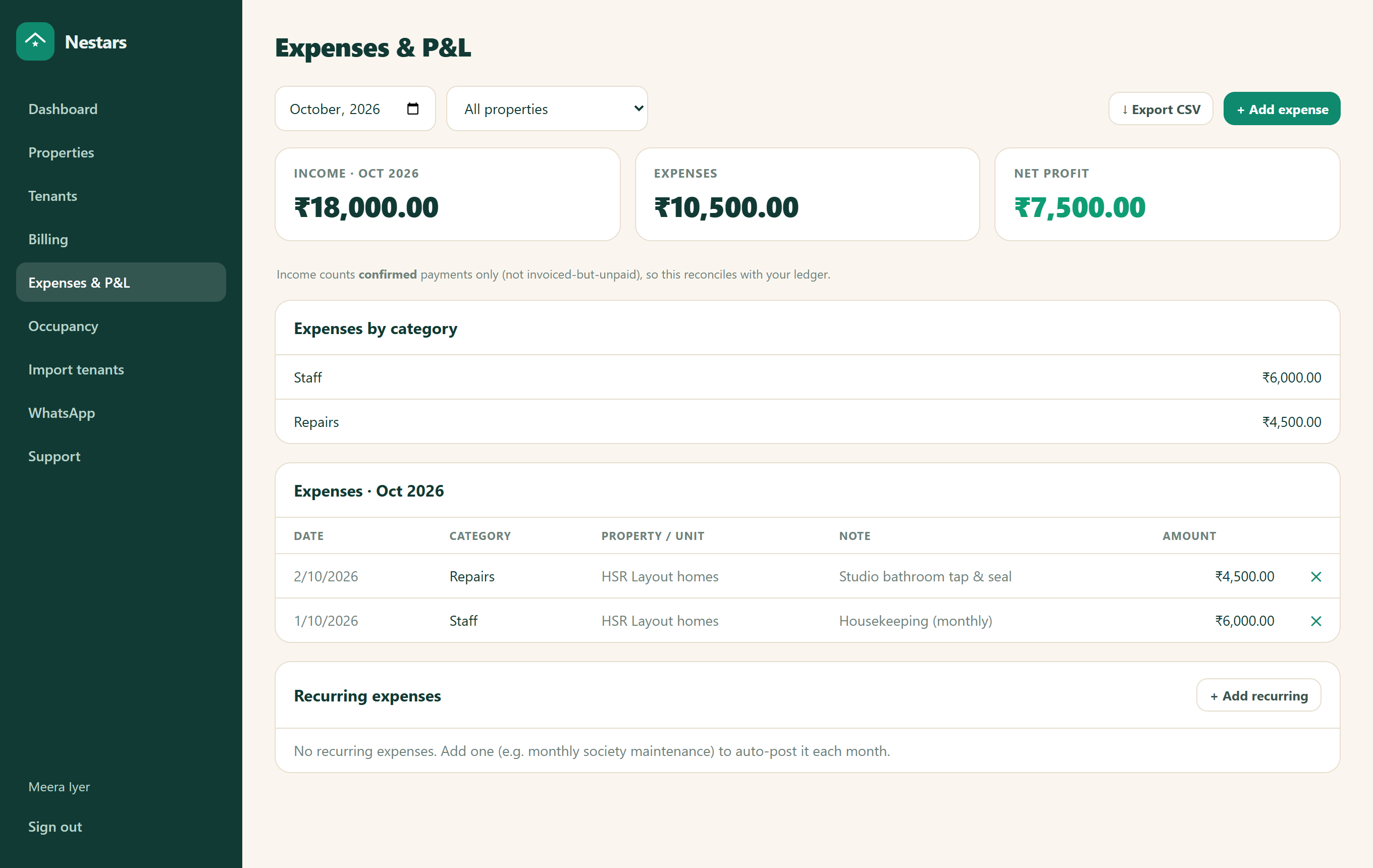 Expenses and profit-and-loss page